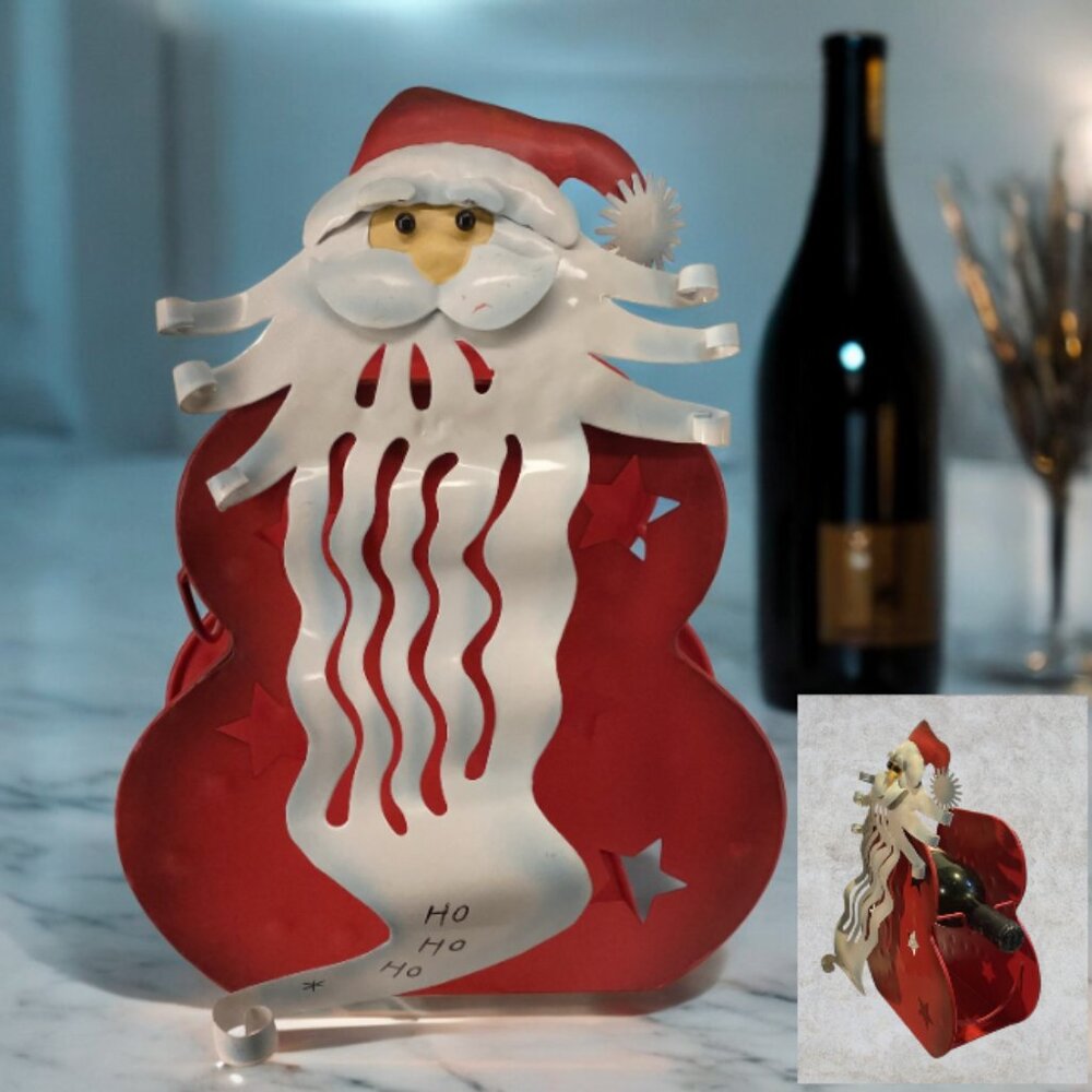 WINE HOLDER --  Christmas/Santa, Cut Metal, Holds 2 Bottles of Wine, Red/White